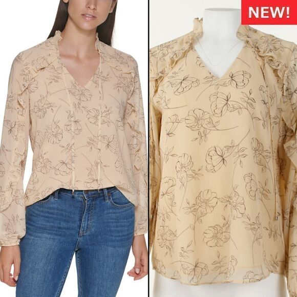 Calvin Klein Printed Ruffle Trim Long Sleeve Blouse - Picture 1 of 5